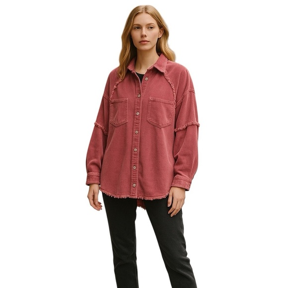 VICI Womens Size Small Pink Alberta Cotton Frayed Shacket - Picture 1 of 6